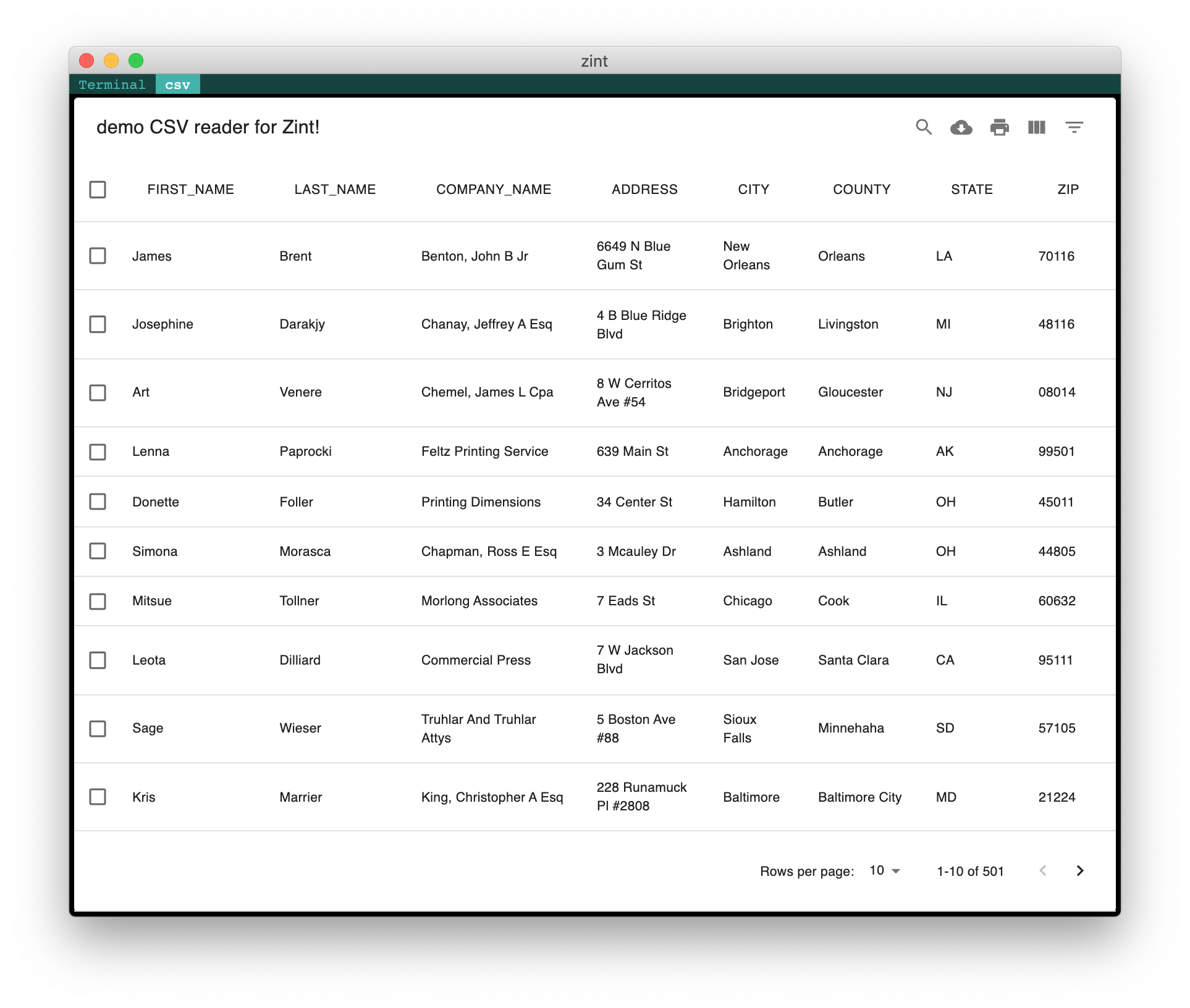 Our interactive CSV browser used from Zint